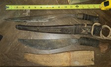 TWO OLD WW2 ERA PHILLIPINES KNIVES WITH HANDCARVED WOOD SHEATHS WYSIWYG