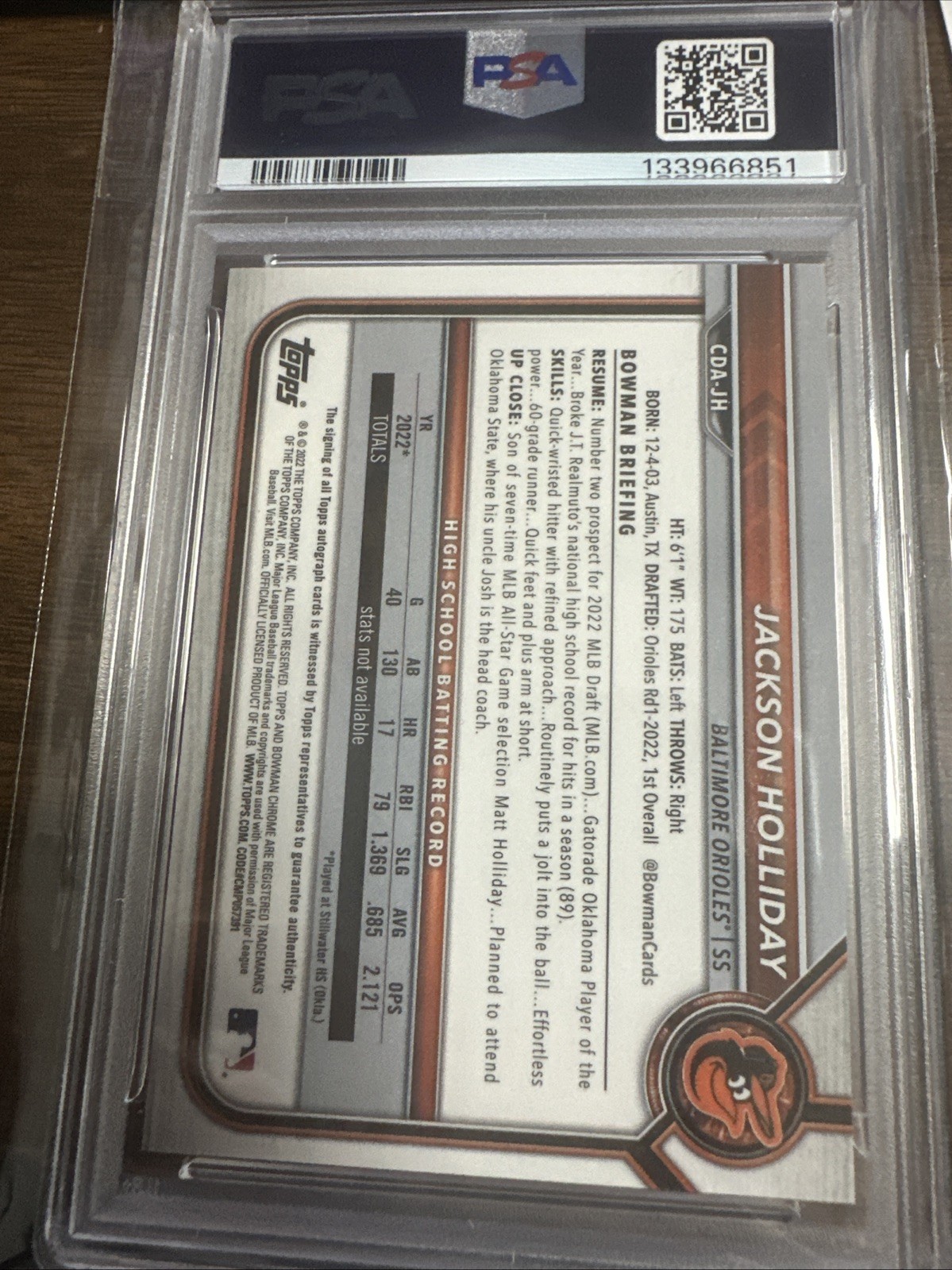 2022 Bowman Draft - Chrome Draft Pick Autographs Jackson Holliday #psa 8 view 2