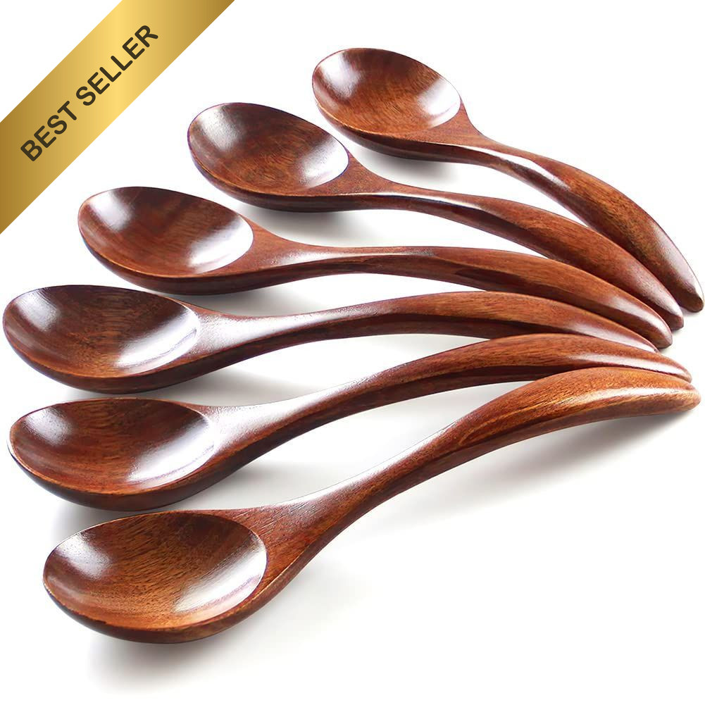 IQCWOOD 7" Korean Wooden Spoons for Eating, 6 Pcs 6.89 inch, brwon
