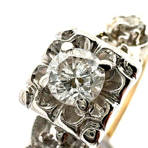 Vintage 13K Yellow White Gold Round Diamond Solitaire Square Engagement Ring - Picture 10 of 11
