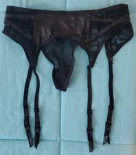 Black Lace Garter Belt Panty Set M Strappy Sheer Lingerie 4 Strap