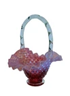 Small Vintage Fenton Cranberry Opalescent Hobnail Basket With Applied Handle 6in