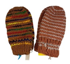 Hand Knitted Mittens Kids Striped  Multicolor Brown 7.5" Long 2 Pairs Winter