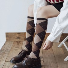 Style Women Knee High Socks College Vintage Multicolor Argyle Diamond Pla