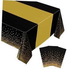 3 Pack Plastic Tablecloth, 54 inch x108 inch Rectangular Black and Gold