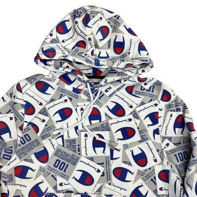 Champion Mens All Over Print Logo 100th Anniversary Hoodie White Small