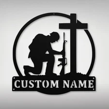 Personalized Soldier Kneeling Metal Sign Custom Military Decor Gift for Veterans