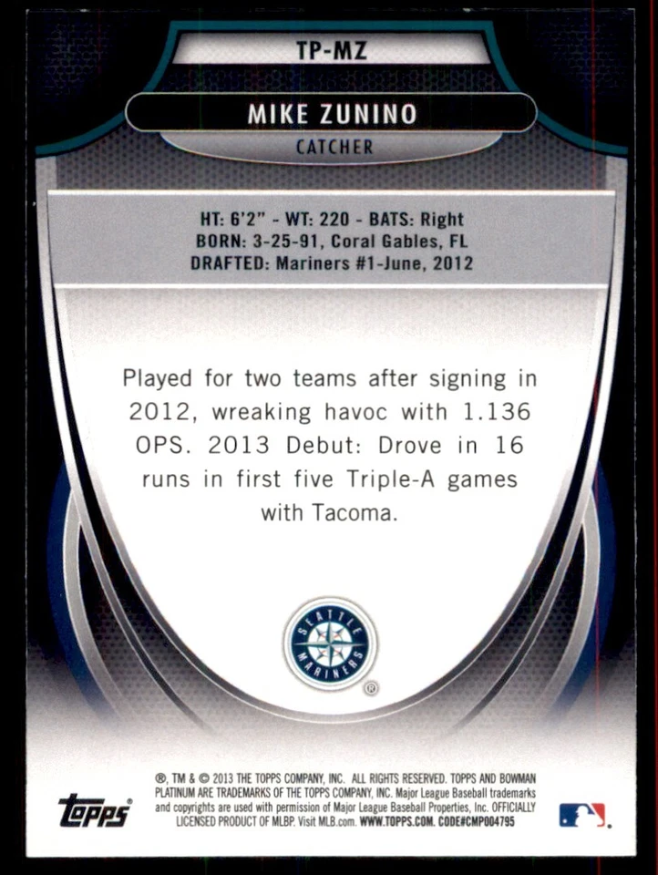 2013 Bowman Platinum Top Prospects Mike Zunino Seattle Mariners #TP-MZ - Image 2 of 2
