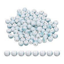 100Pcs 8mm Round Ceramic Porcelain Beads, Sky Blue White
