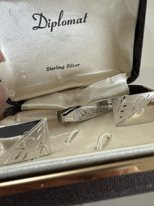 Diplomat Engraved Signed 925 Sterling Silver Tie Bar Clip w/ Cufflinks Box