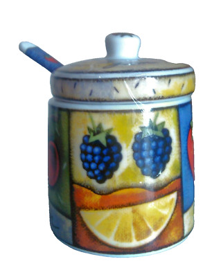 Landküche kleiner Keramik Marmeladentopf mit Deckel & Löffel. Bunt und selten