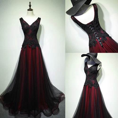 Black And Red Wedding Dresses Gothic Sleeveless V Neck Beaded Lace Bridal Gowns - Picture 1 of 7