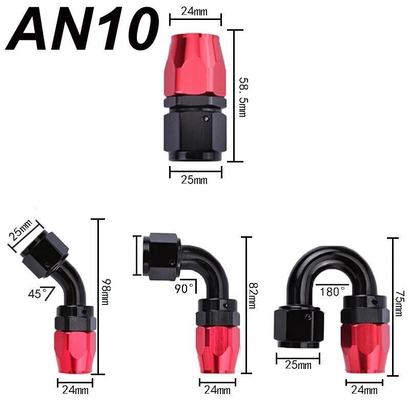 4Pcs Black+Red 180°Degree AN10 Oil Fuel Line Hose End Fitting Adapters Kits - Image 2 of 4