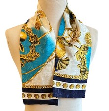 Baroque Scarf Vintage Ascot Blue Gold Silky 42" Long Chain Rope Seashells Design