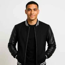 Men's Black Varsity Jacket Real  Custom Wool Bomber Coat Café Racer Gift For Him