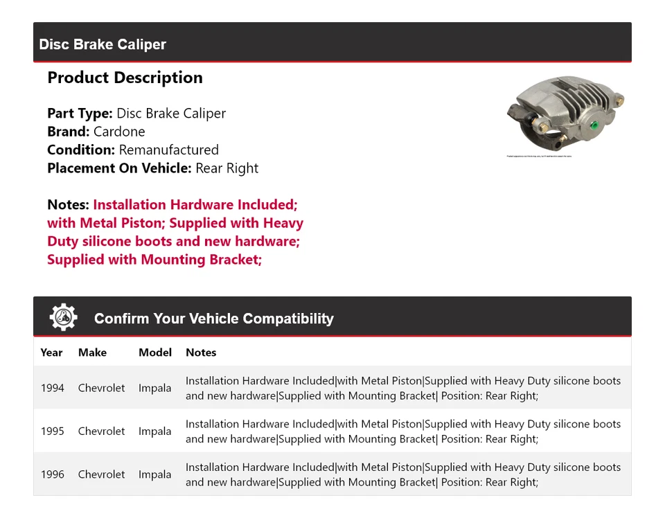For 1994-1996 Chevrolet Impala Disc Brake Caliper Rear Right Cardone 1995 - Image 2 of 4