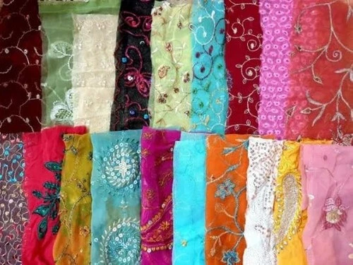 Abb 15pcsVintage Sari Georgette Fabric Remnants Embroidered Craft Scrapbook DUP3 image 7