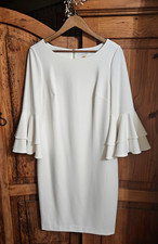 Vintage CALVIN KLEIN White Dress Tier Sleeves Back Zip M (Pit: 19"XLength: 39")