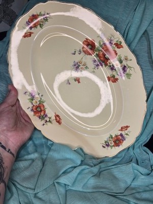 Vintage Canonsburg Pottery Oval Platter Poppy Floral Bouquet Scalloped Gold