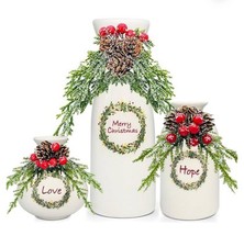 3 Pcs Ceramic Vases with Pine Branch Red Berry, Artificial White Vases Christ...