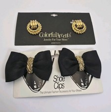 Lot Of 2 Pairs New Vintage Black Bow  Gold Color Center Accent Shoe Clips NOS