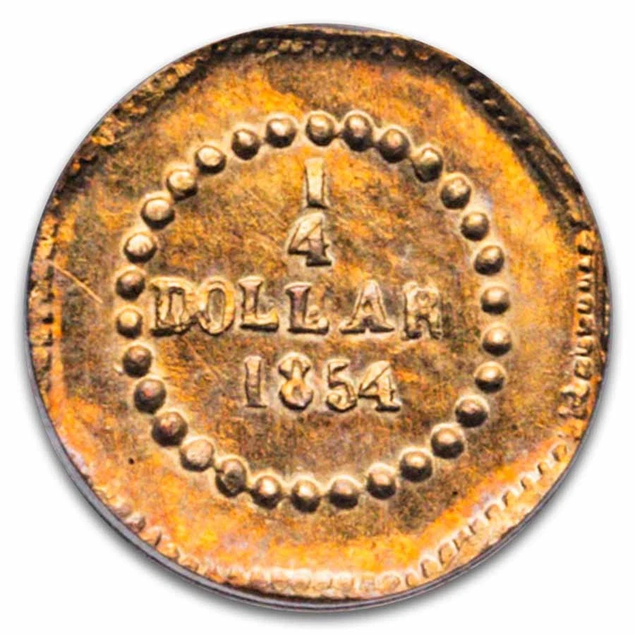 1854 Liberty Octagonal 25 Cent Gold MS-63 NGC (BG-105) - Image 3 of 3