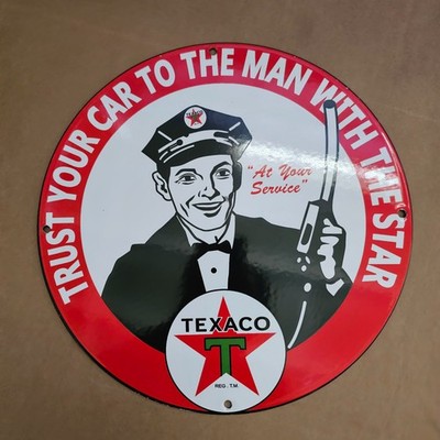 VINTAGE TEXACO TRUST YOUR CAR OLD US GASOLINE OIL GAS PUMP ENAMEL PORCELAIN SIGN