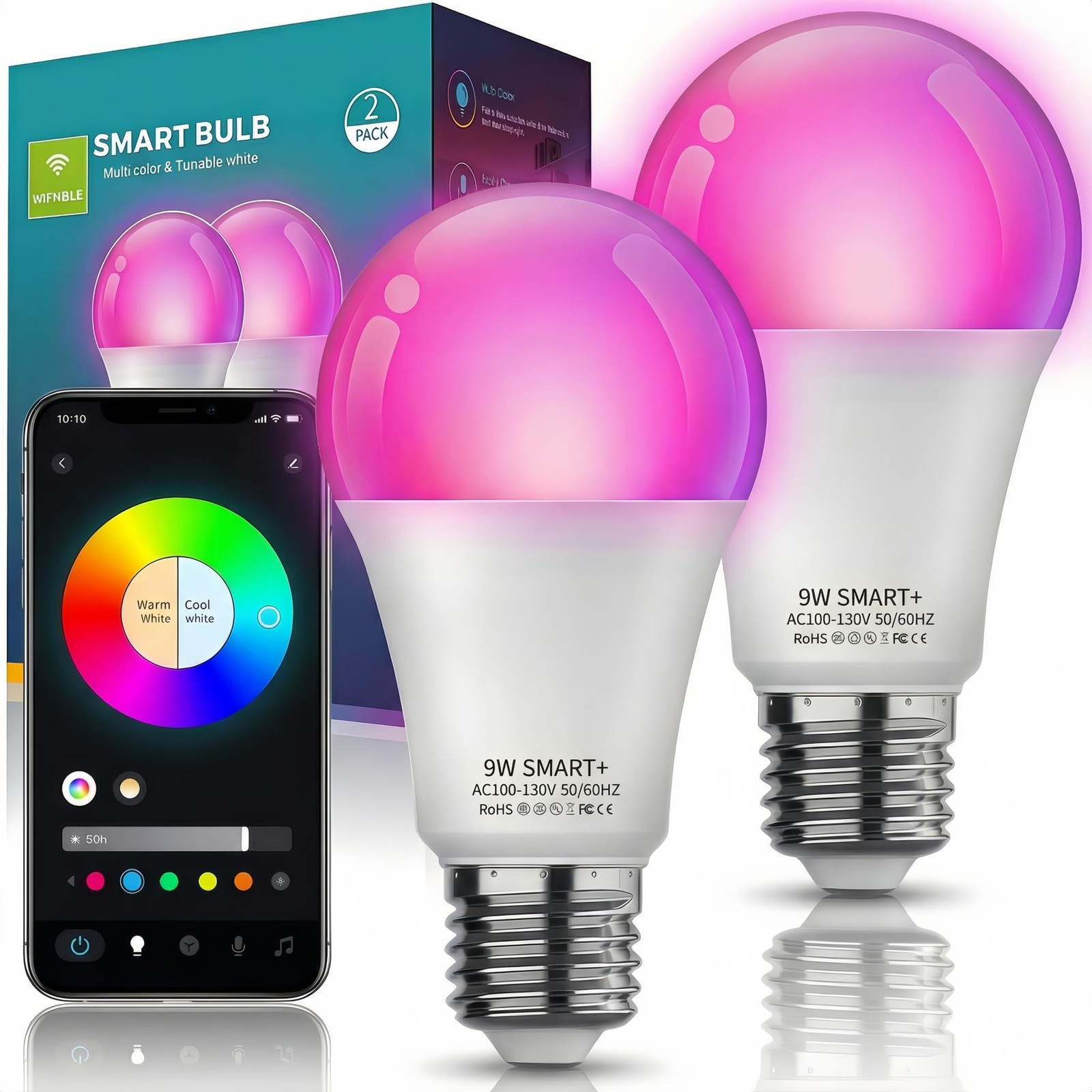 2pack, Color Changing Light Bulb Works W/alexa Google Home,.