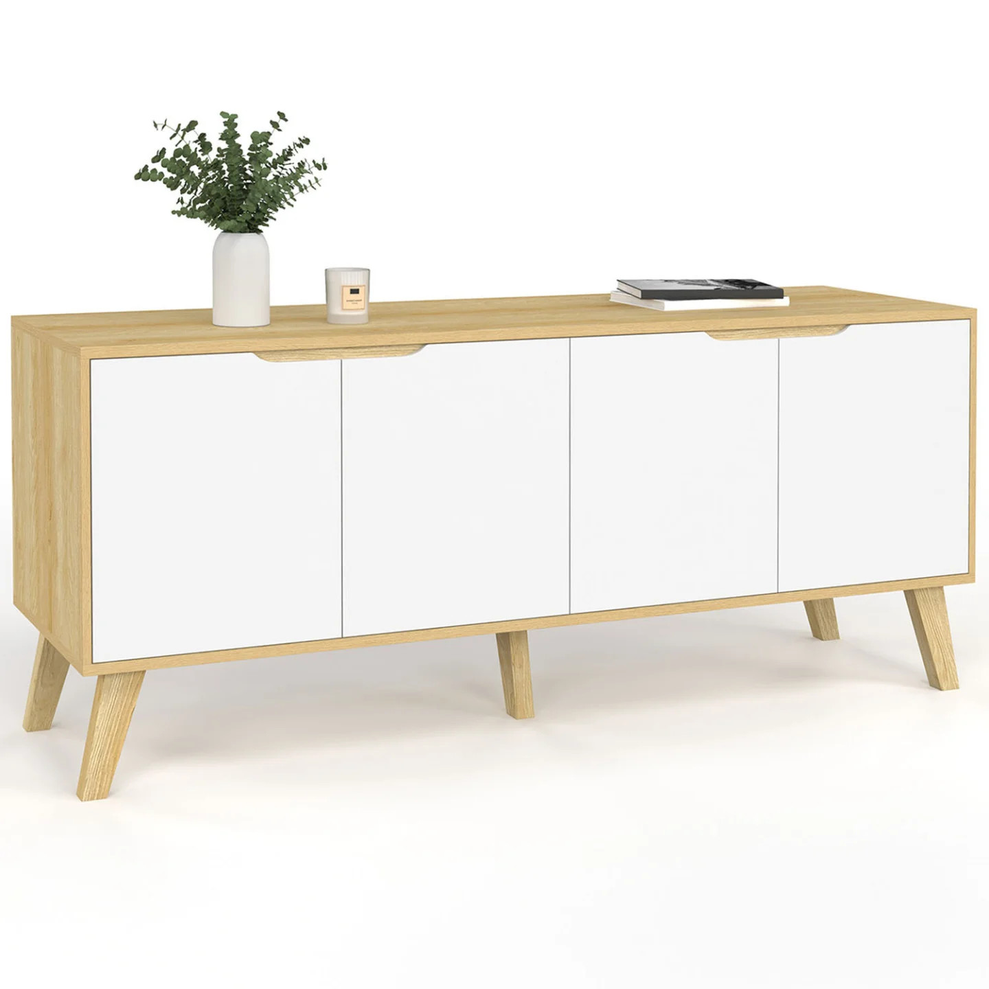 Buffet bas scandinave FINN 140 cm blanc et hêtre à 4 portes pour le salon