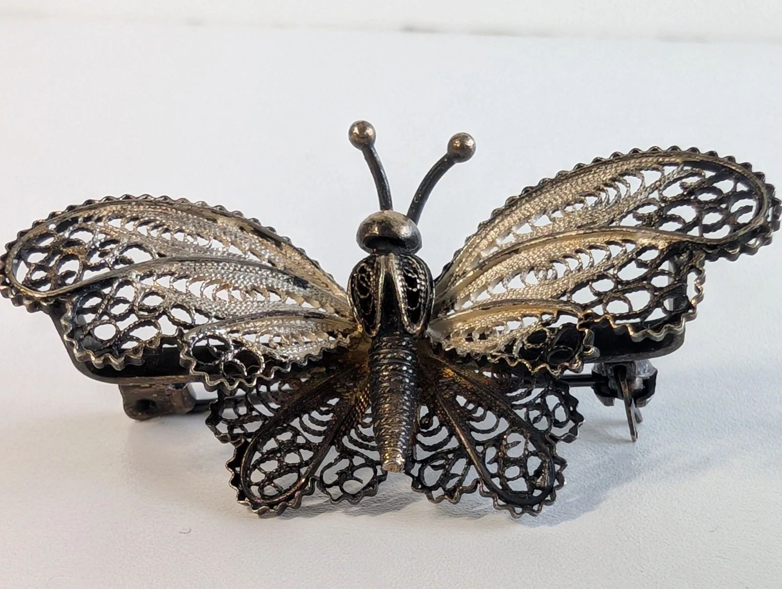 Vintage Italian 800 Silver Filigree Butterfly Brooch Pin Handcrafted 3D Openwork