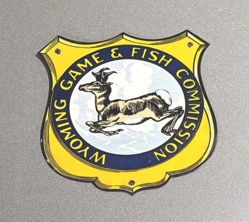 VINTAGE 12” WYOMING FISH GAME HUNT PORCELAIN SIGN CAR GAS TRUCK MOTORCYCLE