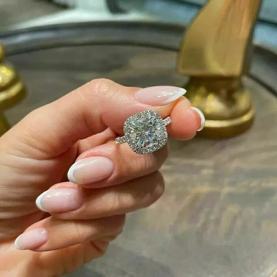 3Ct Cushion Cut VVS1 Lab Created Diamond Halo Engagement Ring 14K White Gold FN - Image 2 of 4