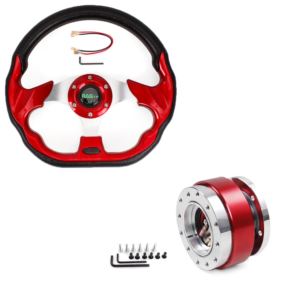 12.5" Universal Red D Shape Racing Steering Wheel w/ Quick Release Adapter Kit