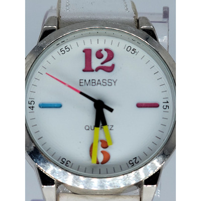 Embassy Quartz Watch with White Leather Strap and Multi-Color Dial Markers