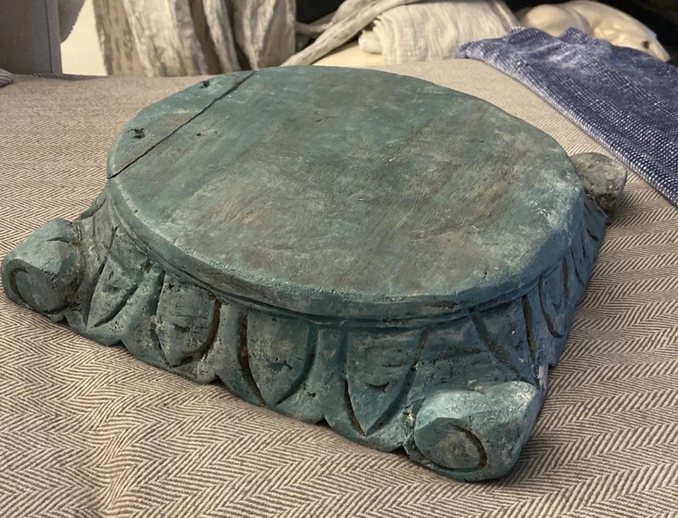 Pedestal de madera tallada elevador con base de columna arquitectónica verde turquesa GRANDE de colección Foto 2 de 4