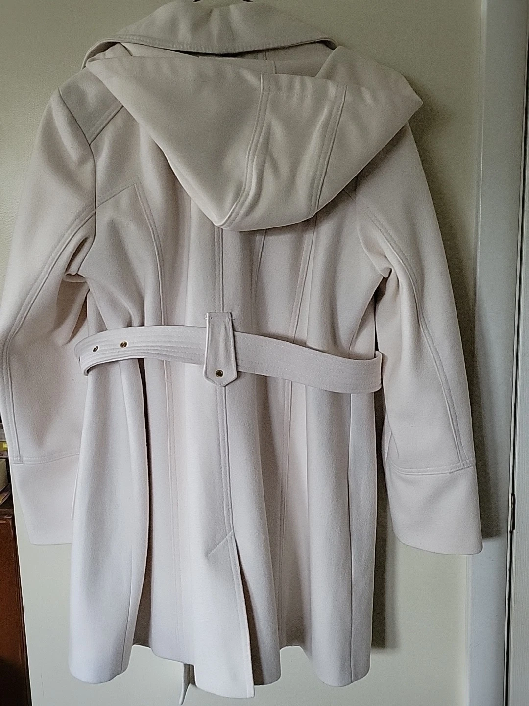 Cappotto donna lana Michael Kors cappuccio staccabile e cintura bianco sporco taglia PXL
