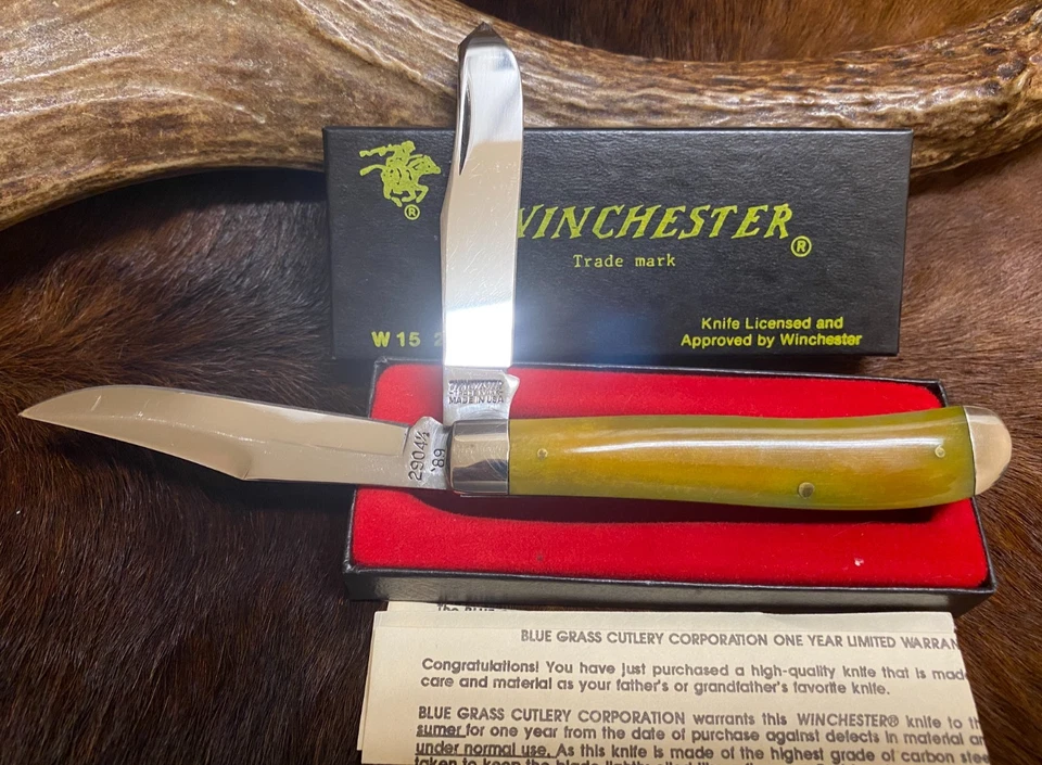 Cuchillo trampero Winchester, EE. UU., 2904 1/2 de dos hojas, hueso amarillo liso, 3 7/8" Foto 2 de 4