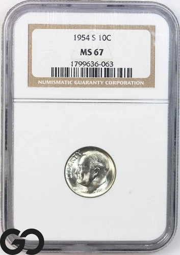 1954-S Roosevelt Dime, NGC MS-67 ** Blast White High Grade!