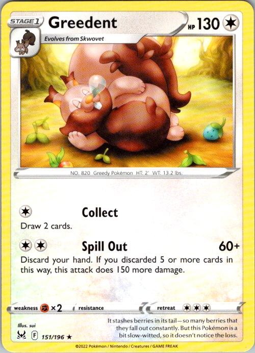 Greedent 151/196 Rare Lost Origin Pokemon Near Mint