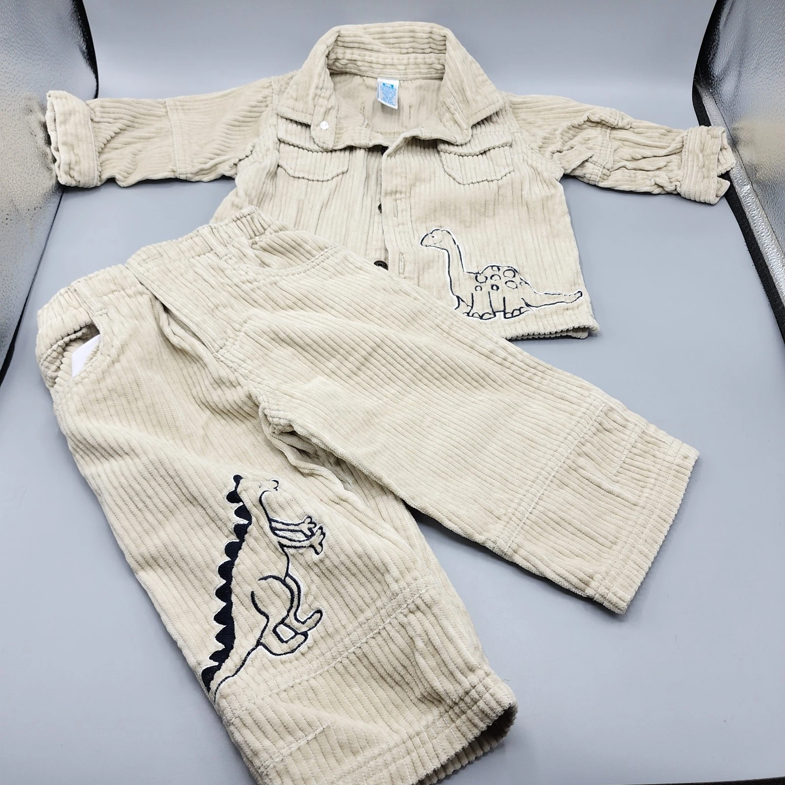 VTG COTTON INC Tan Corduroy 2 Piece DINOSAUR Set Jacket & Pants 18m Embroidered
