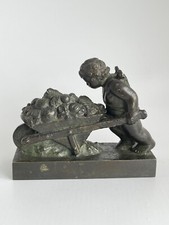 Bronze Sculptur Figur Putto Amor Cherub  Muttertag Mother's Day Schubkarre