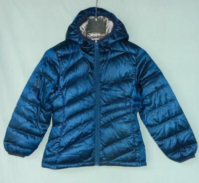 COLLECTION B Girls Lightweight Down Blue Puffer Hood Jacket, M 5-6