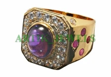 Natural Amethyst & Heated Ruby Gold Plated 925 Sterling Silver Men's Ring #64