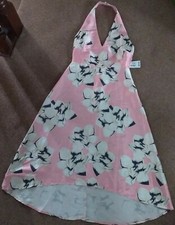 👗BNWT BOOHOO  SIZE 8  PINK  FLORAL SATEEN HALTERNECK👗 SKATER DRESS  LONG