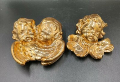 Vintage Gold Ceramic Cherub Wall Hanging Winged Angelic Figure 2pc Set 