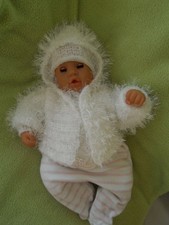 Pupen-Garnitur Reborn Baby M&uuml;tze Ausfahrgarnitur gestrickt Taufe wei&szlig;  Gr. 50/56
