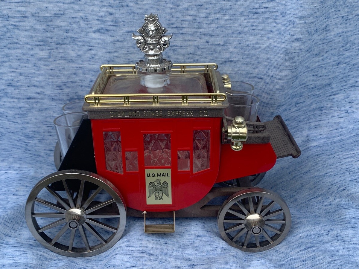 Vintage US MAIL Overland Stage Coach Liquor Decanter Shot Glasses