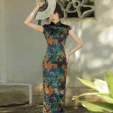 Donna Cinese Cheongsam Finta Seta Macchie Abito Orientale Sfera Qipao Spacco
