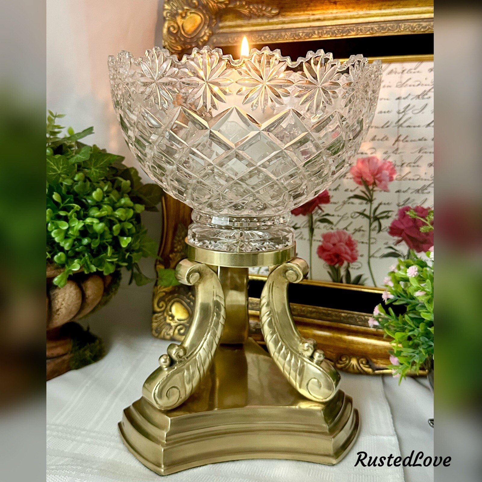 Vintage Centerpiece Vase Brass and Glass Bowl on Stand Decor