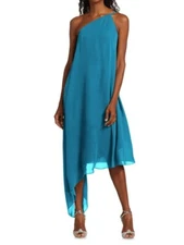 HALSTON Blair Chiffon One-Shoulder Dress, Side zip, TURQUOISE, Size 6, $545 NWT